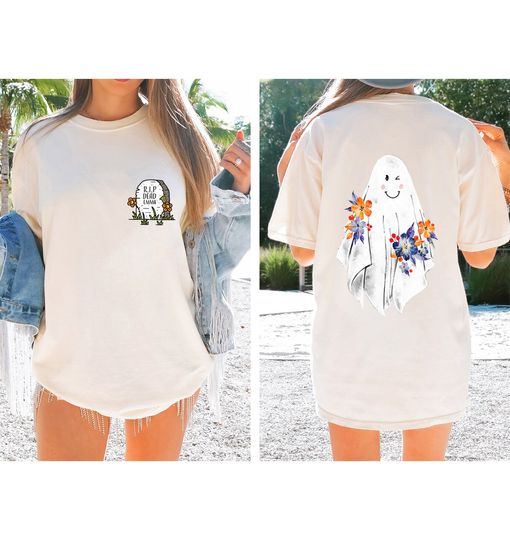 Discover Mystical Cute Ghost Front and Back TShirt, Spooky Wildflower Shirt