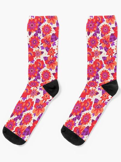 Discover Red and Violet Dreamy Floral Blossom Summer Vector Illustration Pattern | Socks