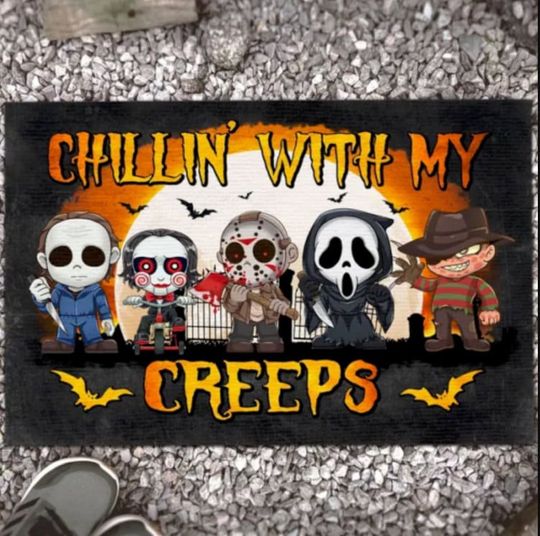 Discover Chillin With My Creeps Halloween Doormat, Horror Movie Characters Halloween Doormat, Horror Halloween doormat