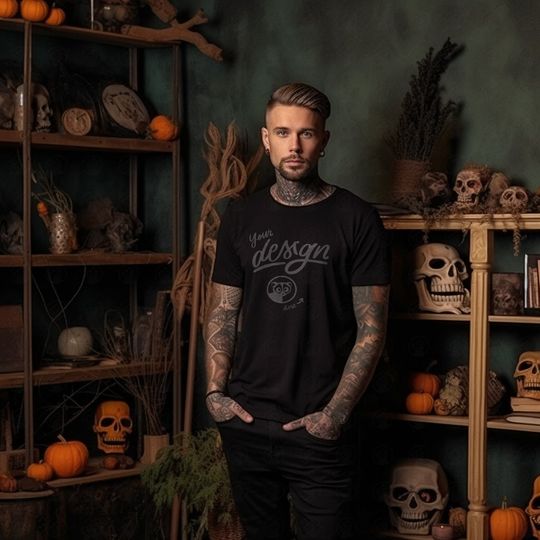 Discover Halloween T Shirt Mockup, Man Black Bella Canvas T-Shirt