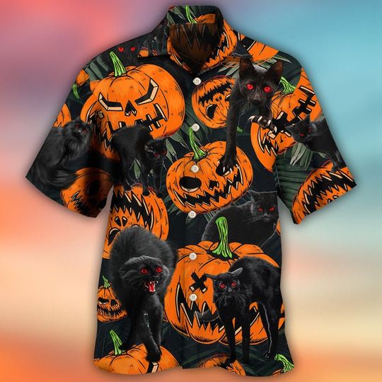 Discover Halloween Black Cat Pumpkin Scary Tropical Hawaiian Shirt
