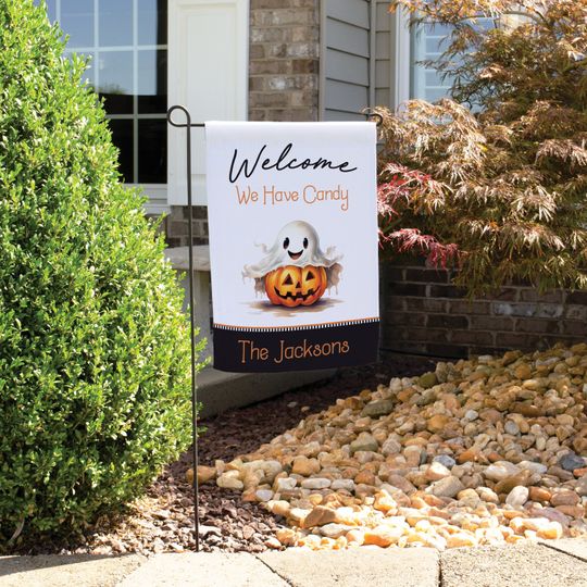 Discover We Have Candy Trick or Treating Garden Flag | Custom Trick or Treaters Welcome Flag