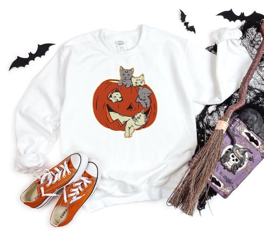 Discover Pumpkin Cats Sweatshirt, Halloween Pumpkin Sweatshirt, Funny Halloween Cats Sweatshirt