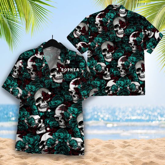 Discover Skull Tropical Hawaiian Shirts for Men, American Flag Skull Men's T-Shirt