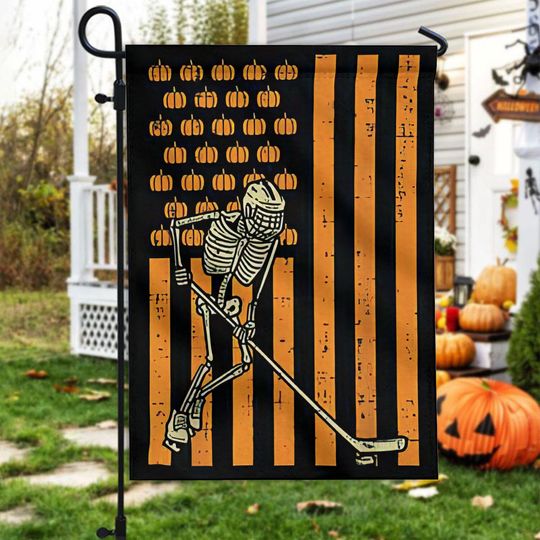 Discover Funny Ice Hockey Skeleton Halloween Flag