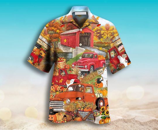 Discover Halloween Truck With Pumpkin Hawaiian Shirt, Truck Hawaiian Shirt