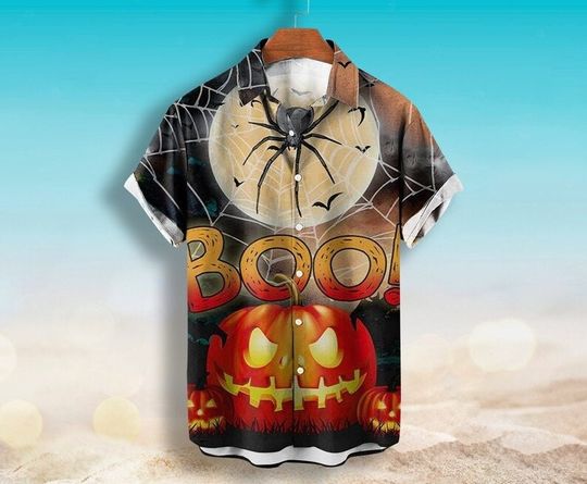 Discover Pumpkin Skull Halloween Casual Short Sleeve Shirt, Pumpkin Hawaiian Shirt