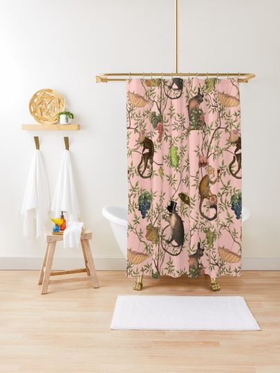 Discover Copy of Vintage Chinoiserie Monkeys Botanical Garden pink | Shower Curtain