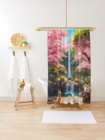 Discover lots of cats and pink sakura trees  | Shower Curtain