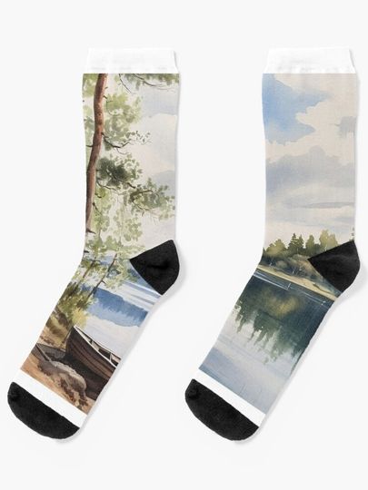 Discover Serene Scandinavian Lake - Vintage Art Wall Decor, Fine Art Prints, Art Gallery, Art Poster | Socks