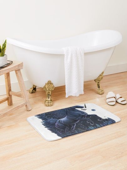 Discover Enchanted Canter: A Majestic Unicorn Galloping Through a Magical Forest | Bath Mat