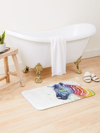 Discover Rainbow Zebra Watercolor Animal Painting | Bath Mat