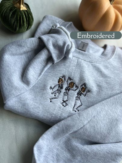 Discover Dancing Skeleton Sweatshirt, Halloween Embroidered Sweatshirt, Spooky Sweatshirt Embroidered