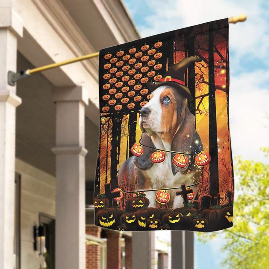 Discover Basset Hound Dog Pumpkin Lights Halloween Flag, Halloween House Flag