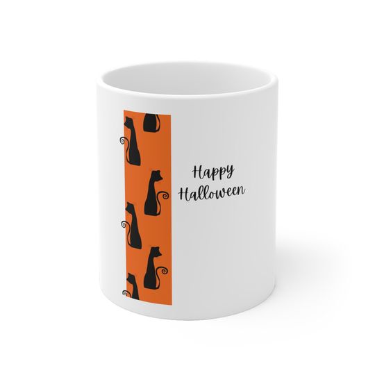 Discover Happy Halloween White Ceramic Mug, Black Cat mug