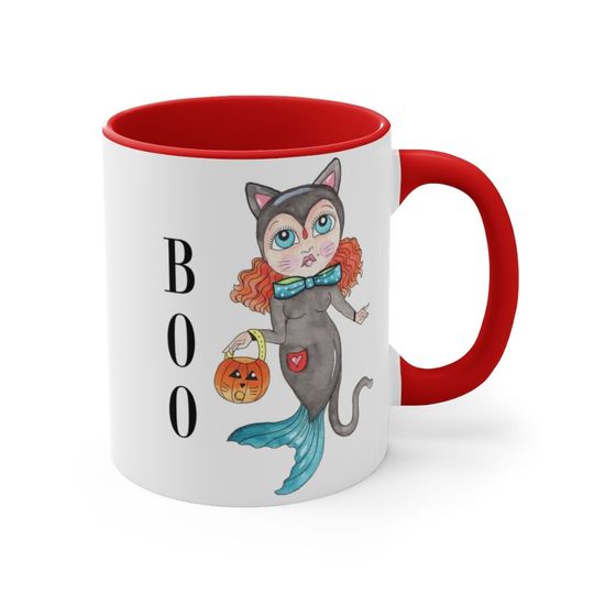 Discover Cute Kitty Trick or Treat Mermaid. 11oz Coffee Mug. Fun Halloween coffee mugs.