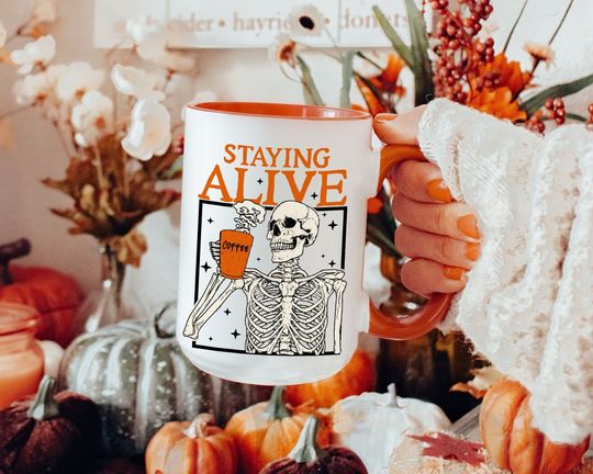 Discover Halloween Mug, Staying Alive Skeleton Mug, Funny Coffee Mug, Halloween Gifts, Halloween Fall Mug