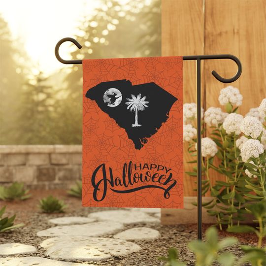 Discover South Carolina with Palm Tree and Witch Flying over Moon Happy Halloween Garden Flag