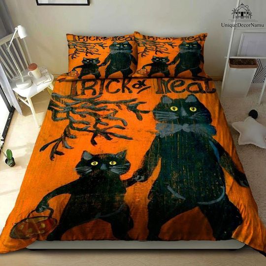 Discover Black Cat Halloween Bedding Set, Trick Or Treat Bedding Set