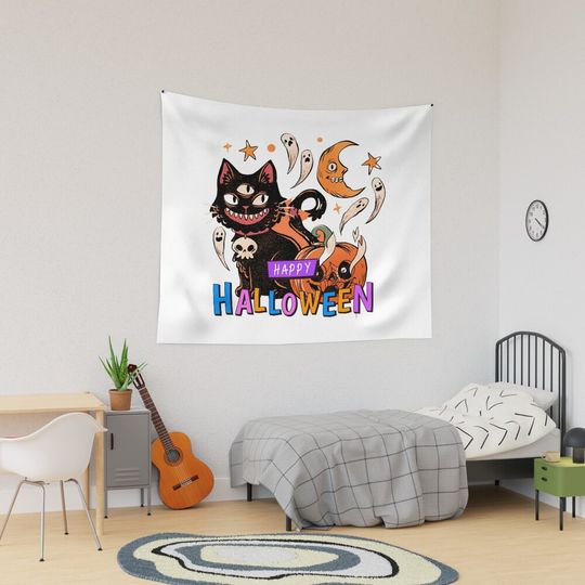 Discover Halloween Scary Pumpkin and Cat Tapestry