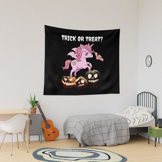 Discover Halloween zombie unicorn pumkin trick or treat Tapestry