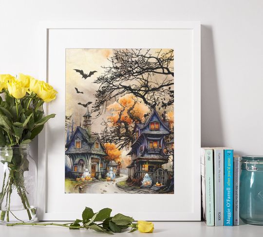 Discover Printable Halloween Wall Art Cat, Halloween Ghost Town, Ghost with Pumpkin