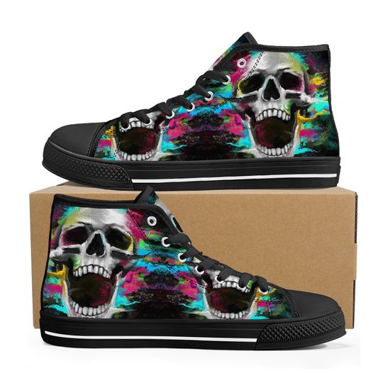 Discover Gothic skull hight top sneakers, horror men sneakers, punisher skull high-top , flaming skull hight top sneakers shoes