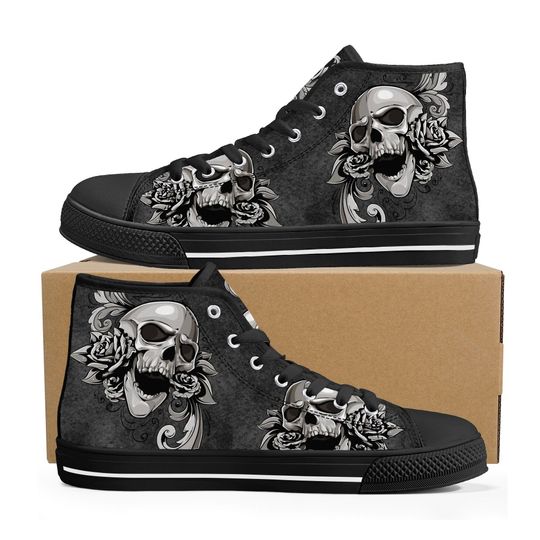 Discover Gothic skull canvas sneakers, gothic skull shoes gift, flower skull women shoes, rose skull canvas shoes