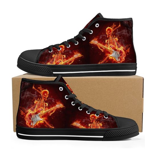 Discover Halloween shoes for him, flame skull men sneakers, goth high top shoes