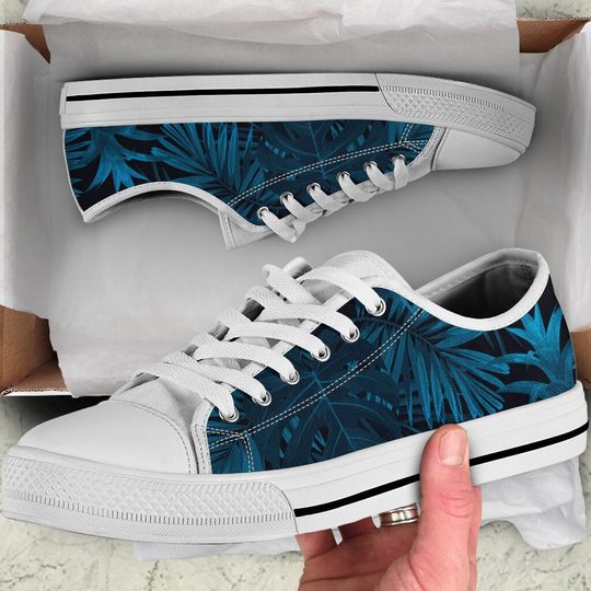 Discover Dark Night Leaves Floral Flowers Plants Navy Blue Low Top Shoes Sneakers