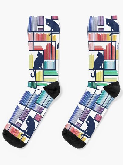 Discover Rainbow bookshelf // white background navy blue shelf and library cats | Socks
