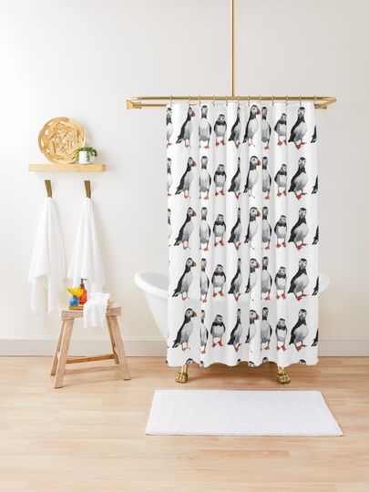 Discover 4 Puffins in a Line | Shower Curtain