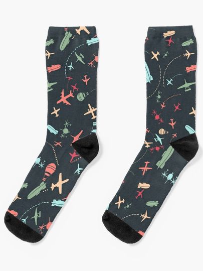 Discover Black Airplane and Aviation Pattern | Socks
