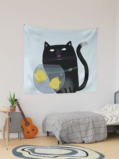 Discover Black Cat With Fish Bowl By Carla Daly | Tapestry