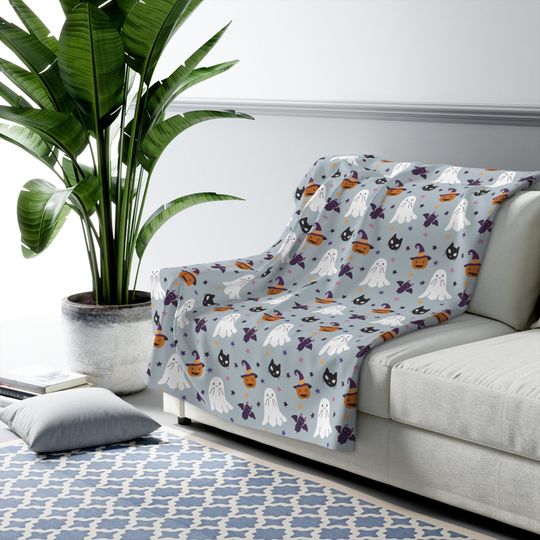 Discover Halloween Fleece Blanket: Ghost, Pumpkin, Bat & Black Cat