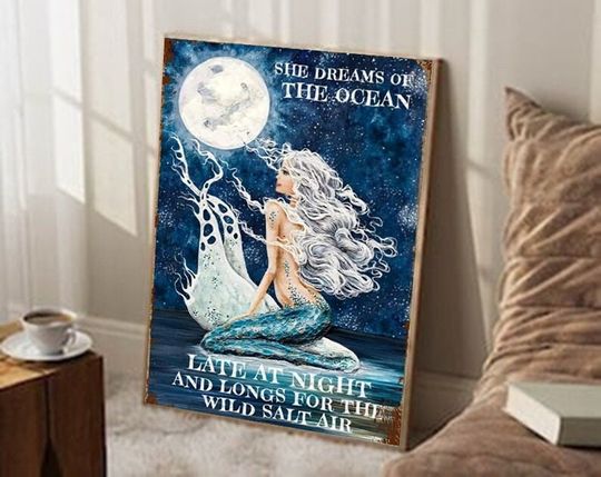Discover Vintage Mermaid She Dream of the Ocean Late at Night Poster