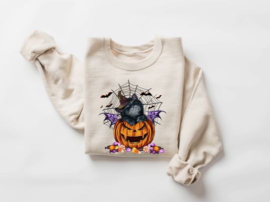 Discover Halloween Sweatshirt, Halloween Sweater, Cat on Pumpkin Sweatshirt, Black Cat Sweatshirt,  Black Cat Shirt, Spooky Season