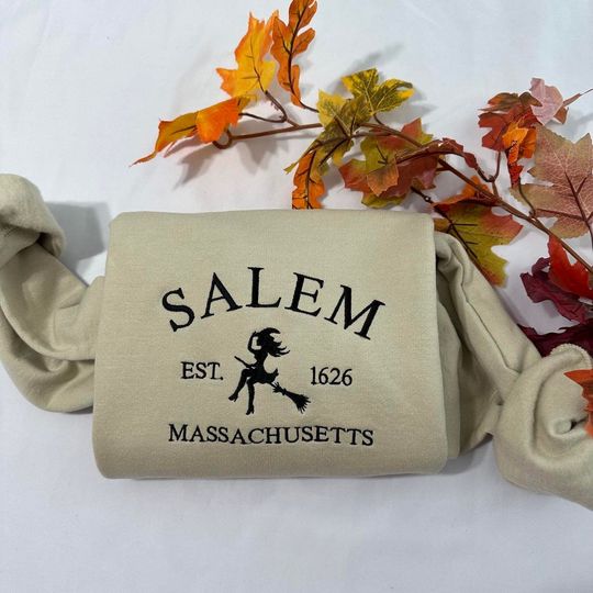 Discover Salem Witch embroidered sweatshirt; Massachusetts embroidered ; Halloween Embroidered