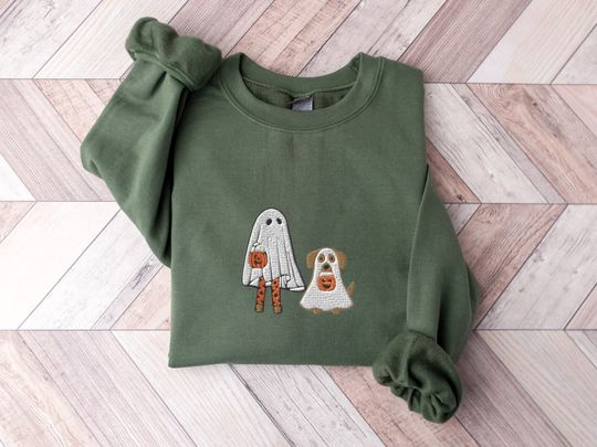 Discover Embroidered Halloween Sweatshirt, Ghost Crewneck, Trick or Treat Sweater, Cute Dog Halloween Shirt