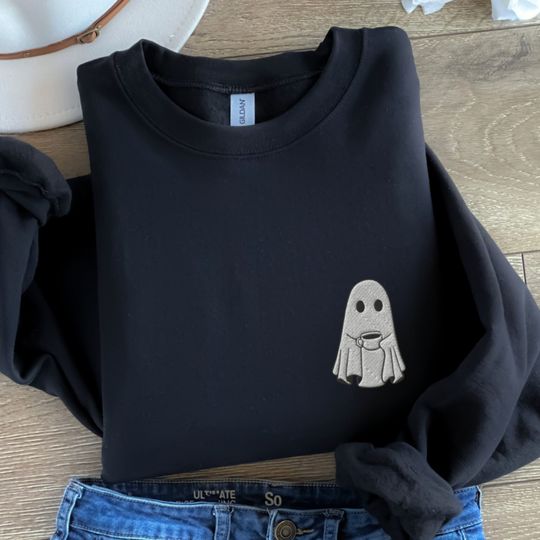 Discover Embroidered Ghost With Coffee Sweatshirt, Cute Ghost Embroidered