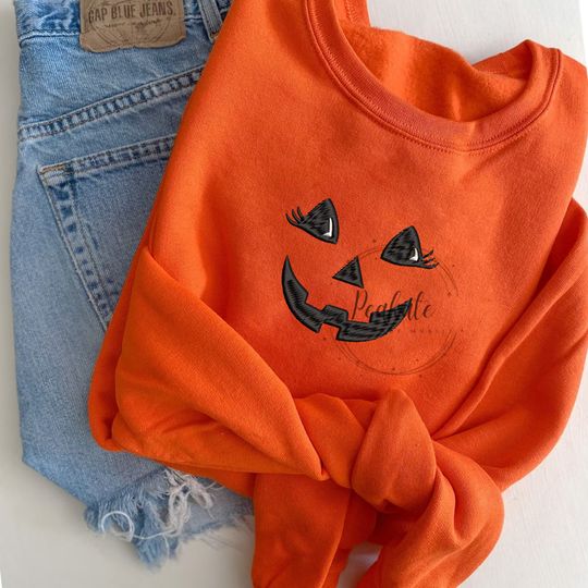 Discover Halloween Sweatshirt, Pumpkin Face Embroidered Crewneck sweatshirt