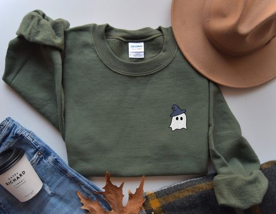 Discover Embroidered Ghost Sweatshirt, Halloween Sweatshirt, Fall Sweatshirt