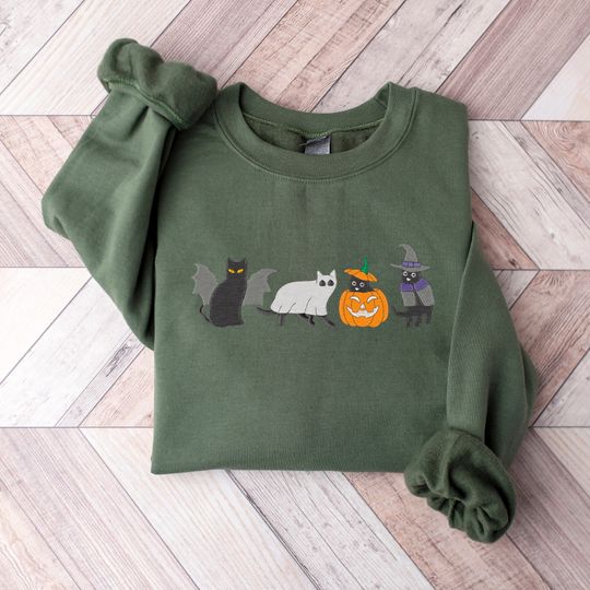 Discover Ghost Cats Halloween Embroidery Sweatshirt