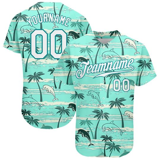 Discover Custom Baseball Jersey Shirt, Teal White-Teal 3D Pattern Design Hawaii Palm Trees Baseball Jersey