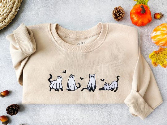 Discover Embroidered Ghost Cats Sweatshirt, Bats Halloween
