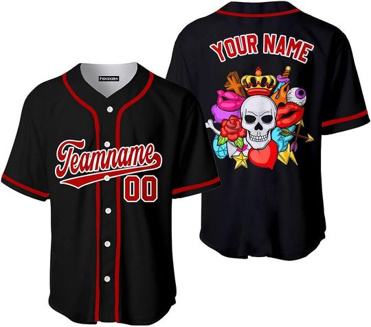 Discover Custom Old Skull Tattoo Pattern Red White Baseball Jersey Shirt For Men,Custom Skull Baseball Jersey