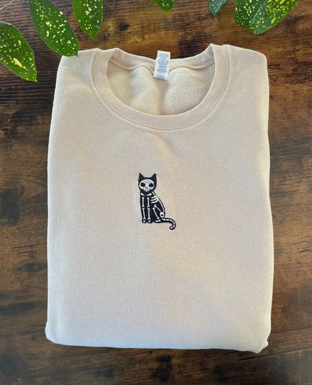 Discover Black Cat Skeleton Embroidered Sweatshirt, Halloween Embroidered Sweatshirt