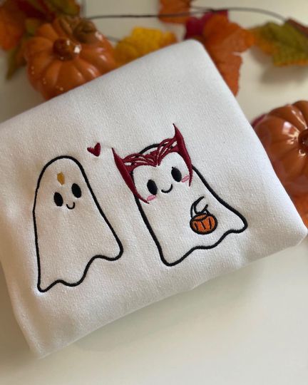 Discover Cute Couple Ghost Embroidered Sweatshirt, Halloween Embroidered Sweatshirt