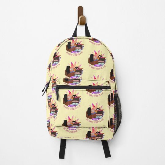 Discover Reading with my cat, cute cat against sunset with girl reading a book Backpack