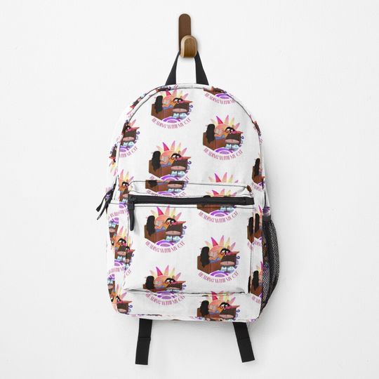 Discover Reading with my cat, cute cat against sunset with girl reading a book Backpack